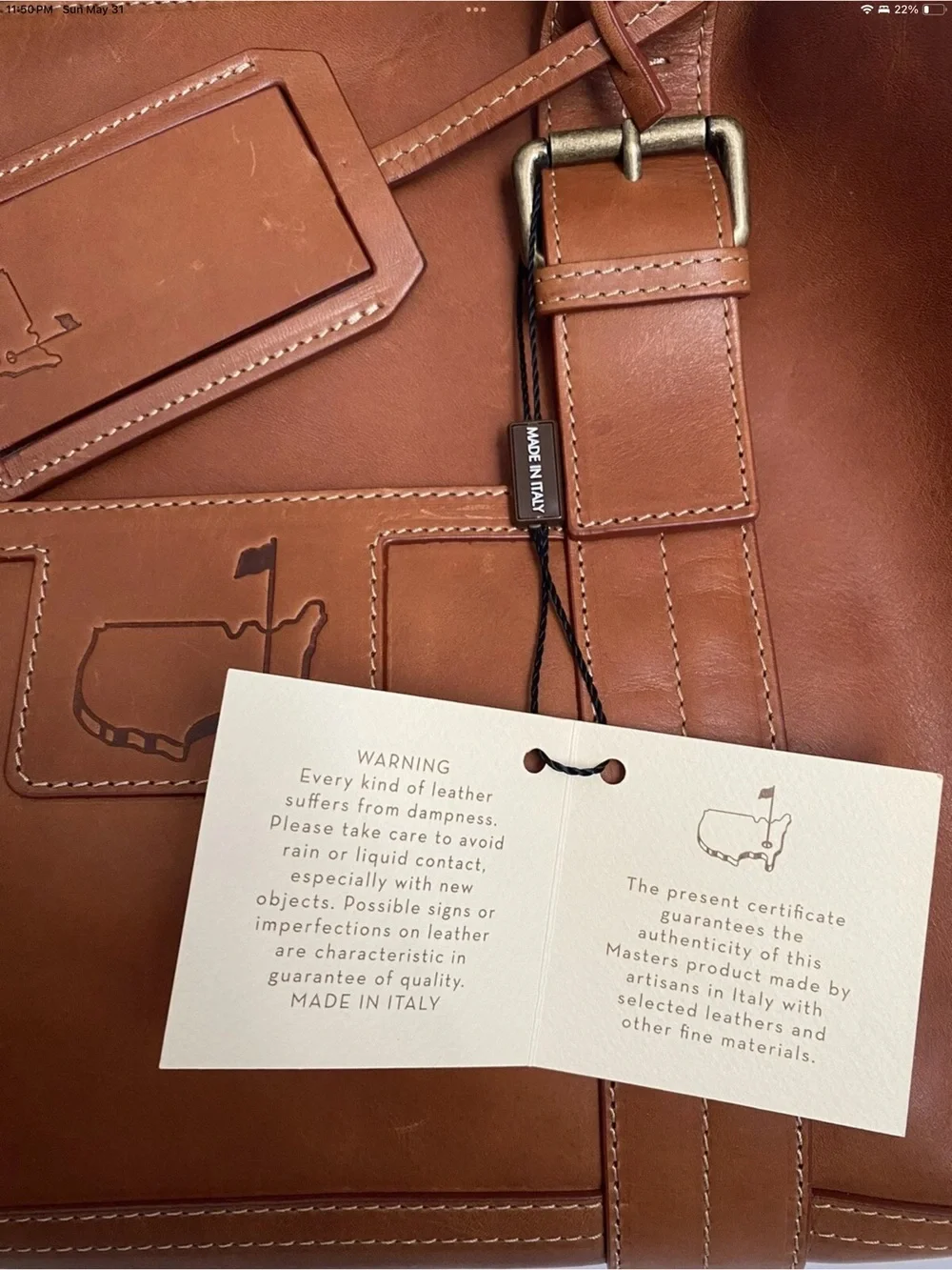 Masters Leather Duffel Bag in Rich Tan with Luggage Tag